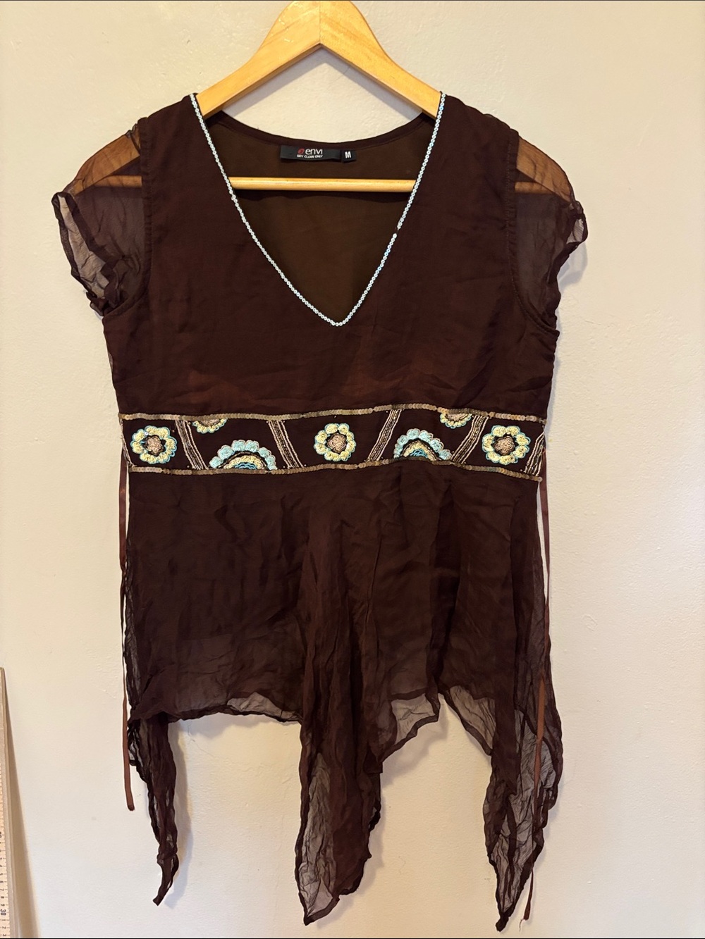 Embroidered Brown V-Neck Sheer Sleeve Women's Blouse